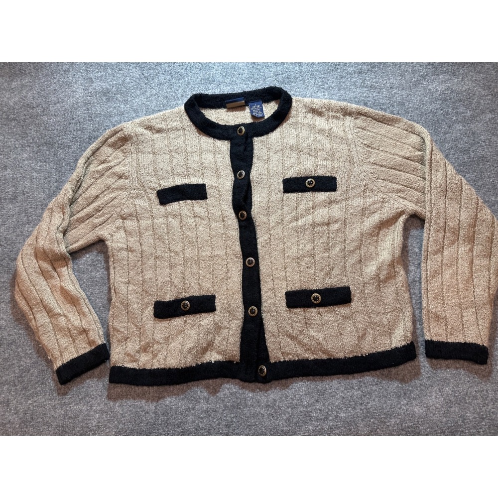 Laura Scott Cardigan Sweater Women's L Tan Black Trim Gold Buttons Knit
